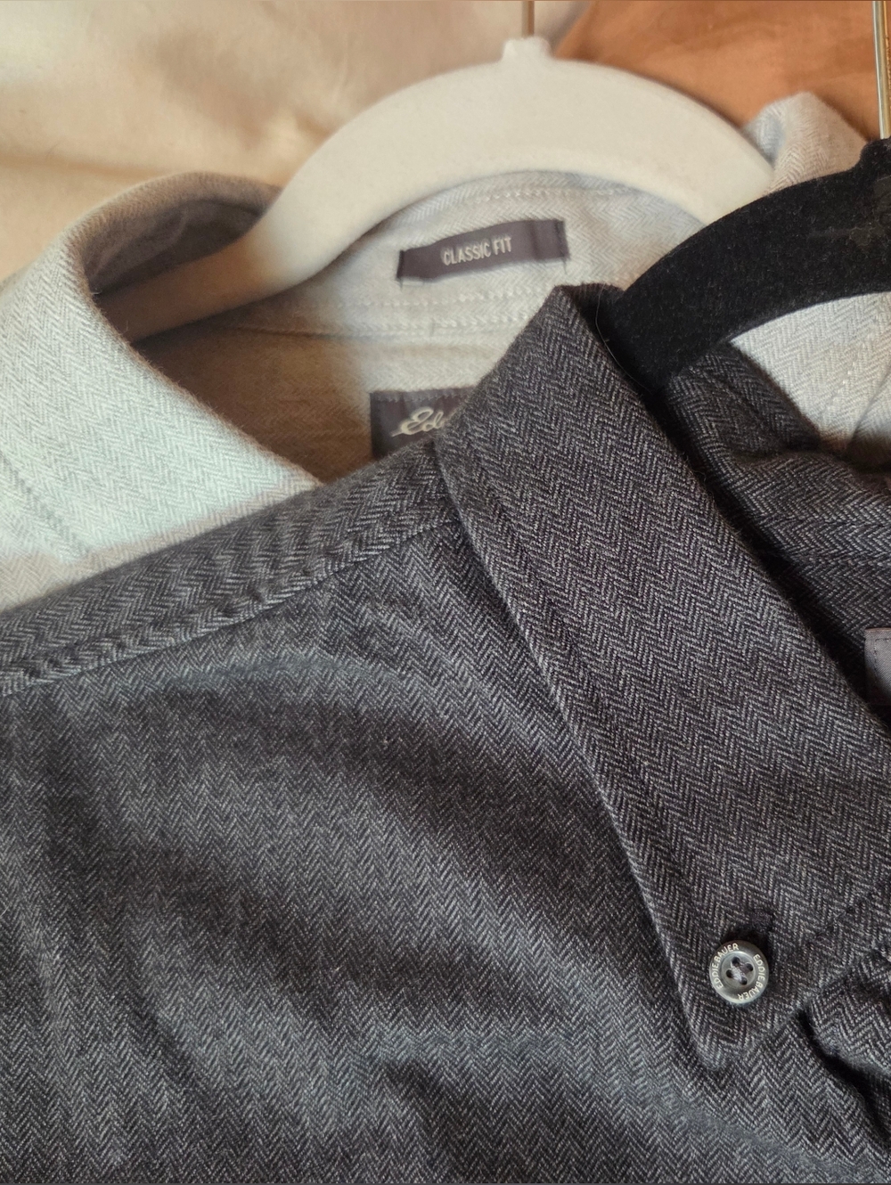 Bundle Of Two Eddie Bauer Charcoal Gray And Lt. Gray Herringbone Shirts Like New